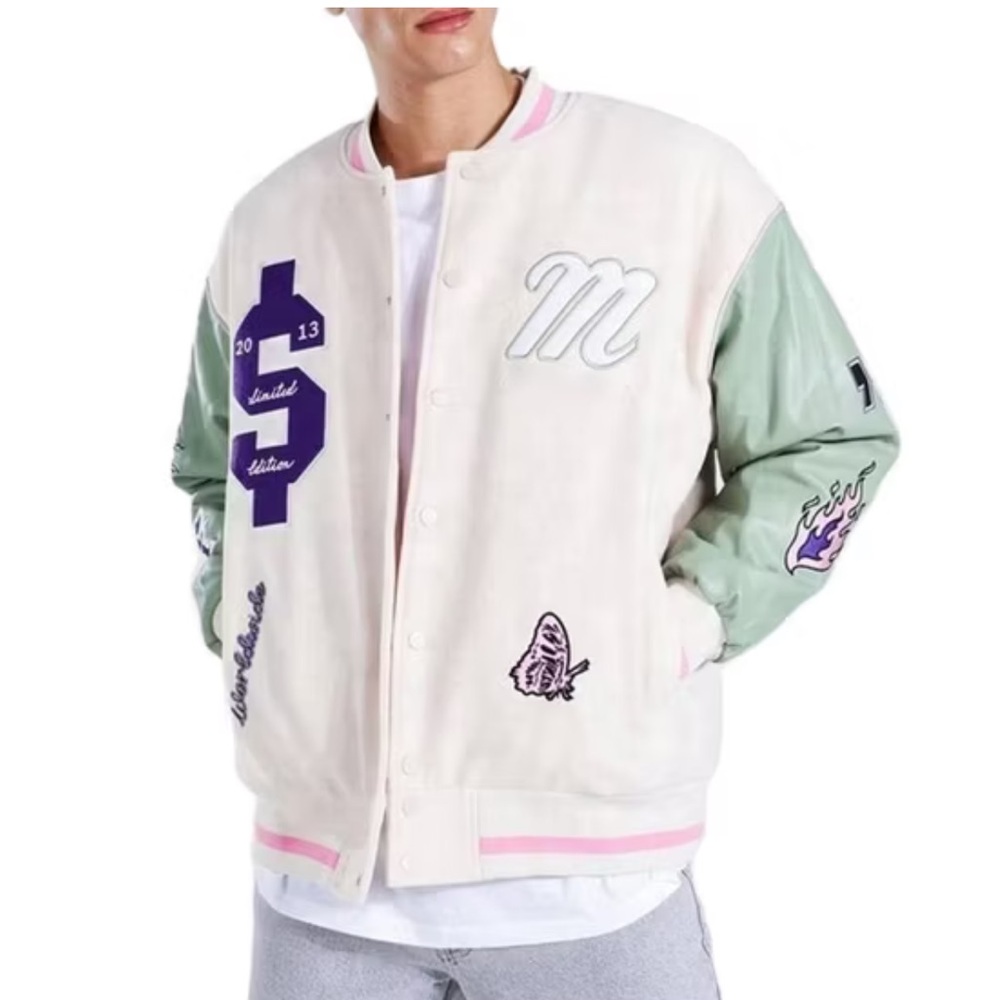Boohoo Mens Cream and Green Bomber Jacket